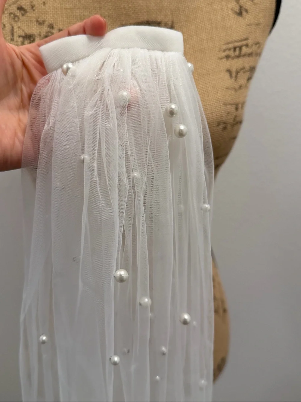 Anthropologie White Pearl-Embellished Sheer Veil